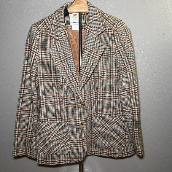 Vintage 80s Brown Windowpane Plaid Riding Jacket Blazer Wool Blend WideLapel 5/6 - Picture 1 of 9